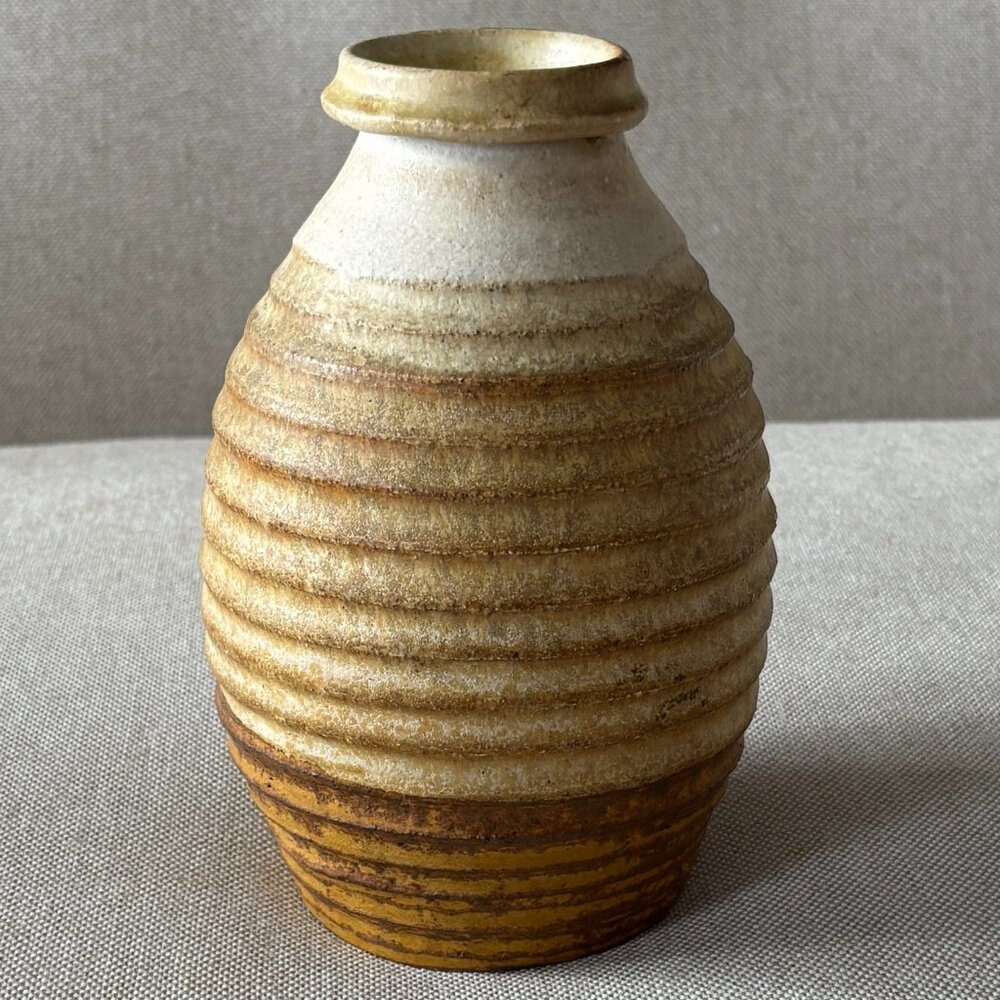 Studio Pottery Brown Ribbed Beehive Vase